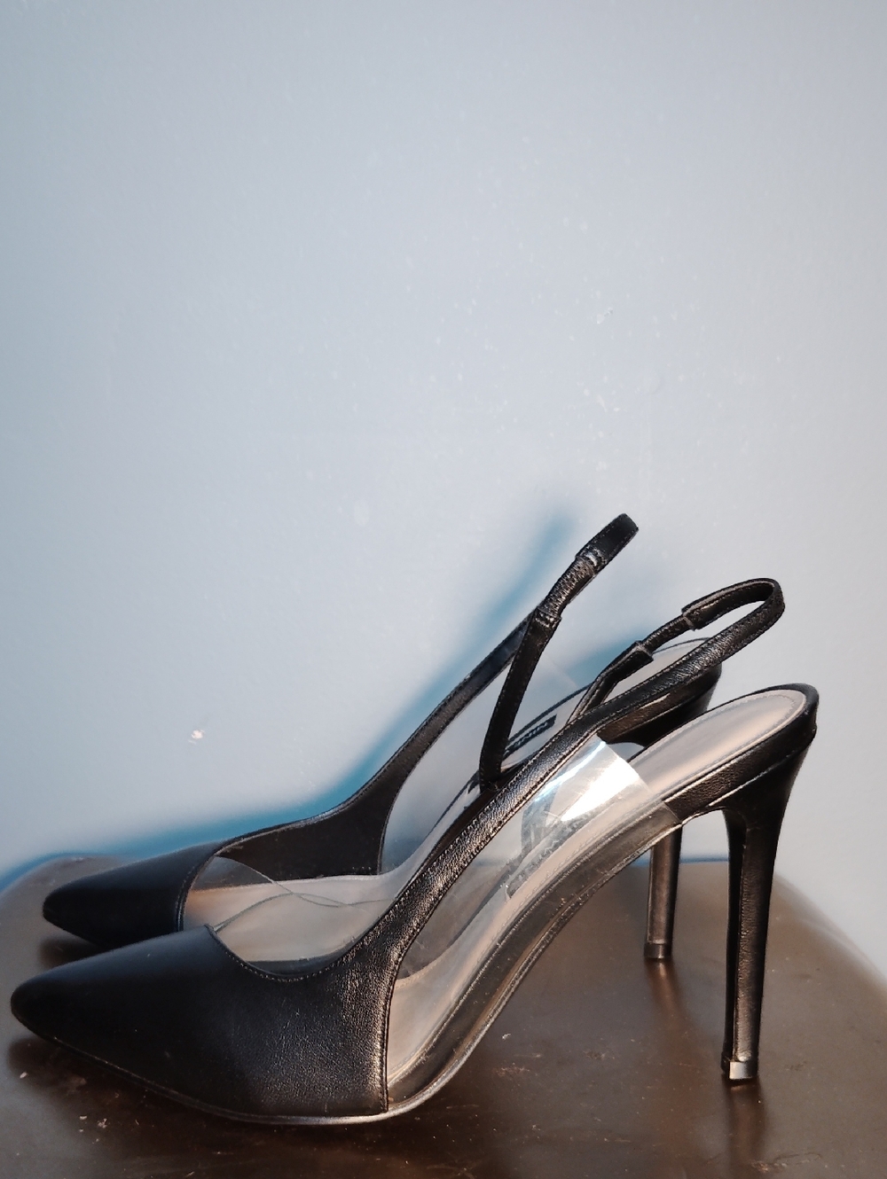 Nine West Black Slingback Pointed-Toe Stiletto Heels Peep Window Beautiful On! 7